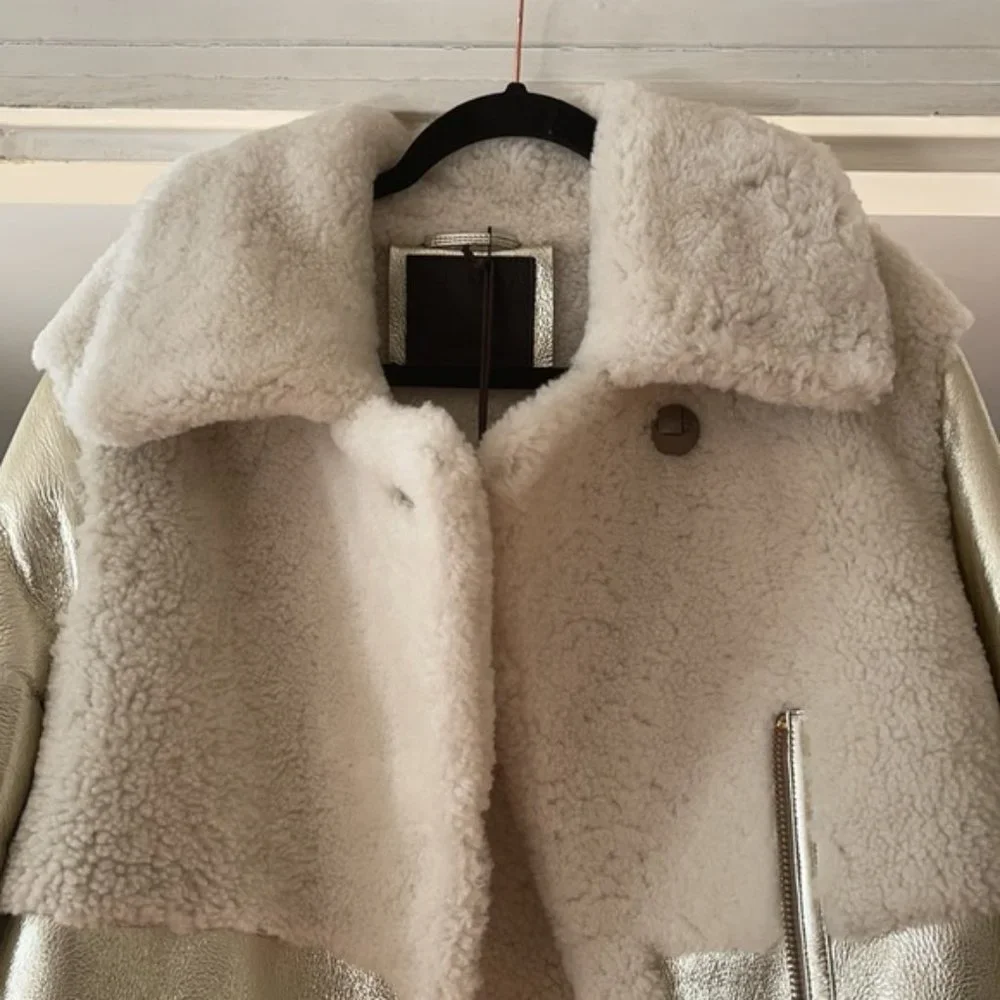 AllSaints Gold Shearling Farley Jacket - Picture 2 of 4